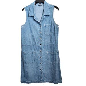 Vintage Y2K Women sz M Jean Power Denim Dress Sleeveless Button‎ Front